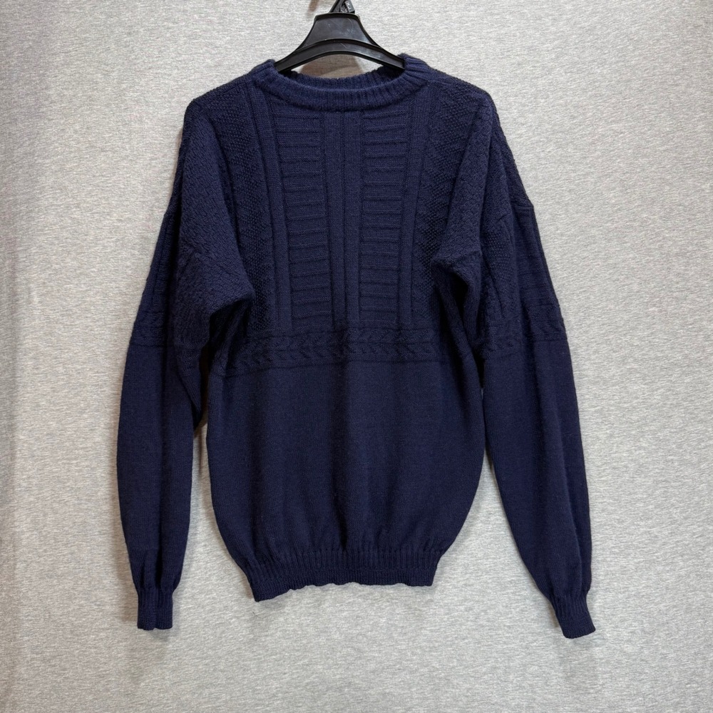 Unbranded Wool Sweater Mens L Navy Blue Textured Knit Crewneck Fisherman Cozy